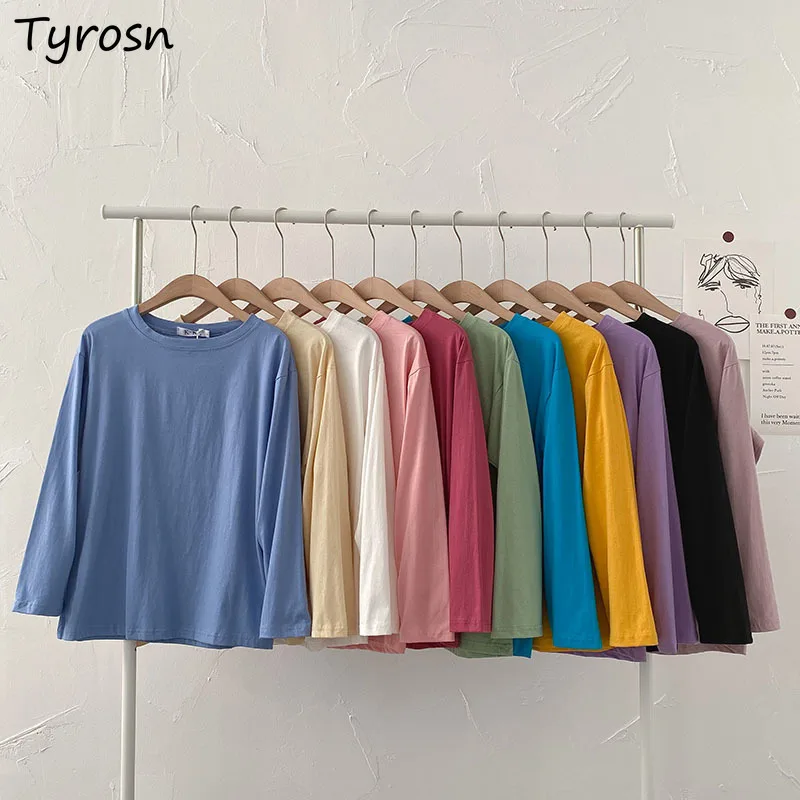 

Женские футболки с длинным рукавом, однотонные базовые топы с круглым вырезом, простые универсальные свободные футболки Ulzzang в стиле High Street