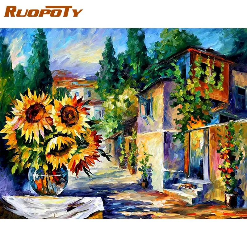 

RUOPOTY Painting By Numbers Kits 60x75cm Frame Sunflower House Scenery Oil Picture By Number Modern Home Wall Artcraft