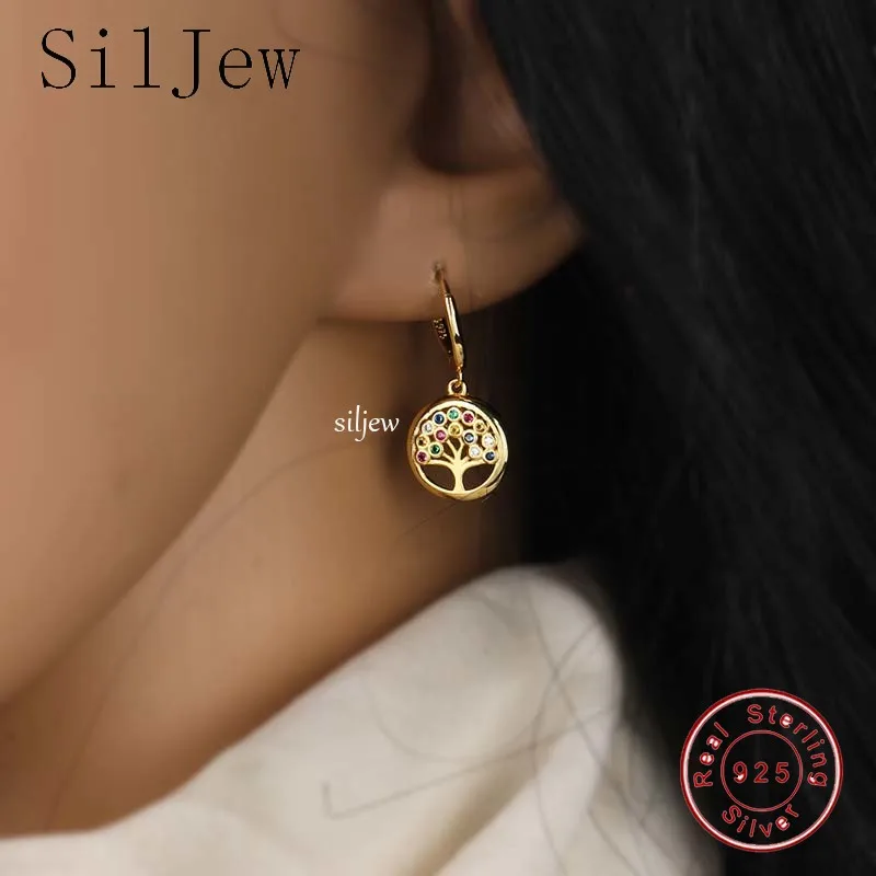 

SilJew High Quality Real 925 Sterling Silver Round Colorful Zircon Peace Tree Drop Earrings for Women Party Wedding Jewelry Gift