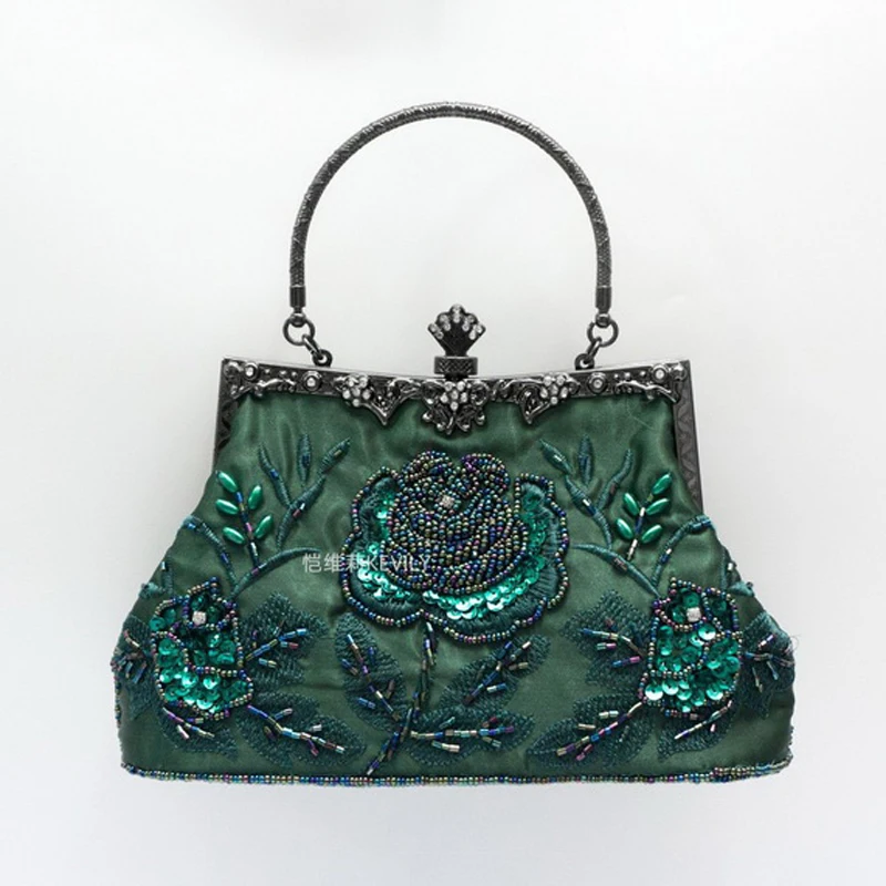 

Green Color Vintage Women Evening Bags Beaded Hollow Satin Flower Party Handbags Bucket Soft Day Clutch