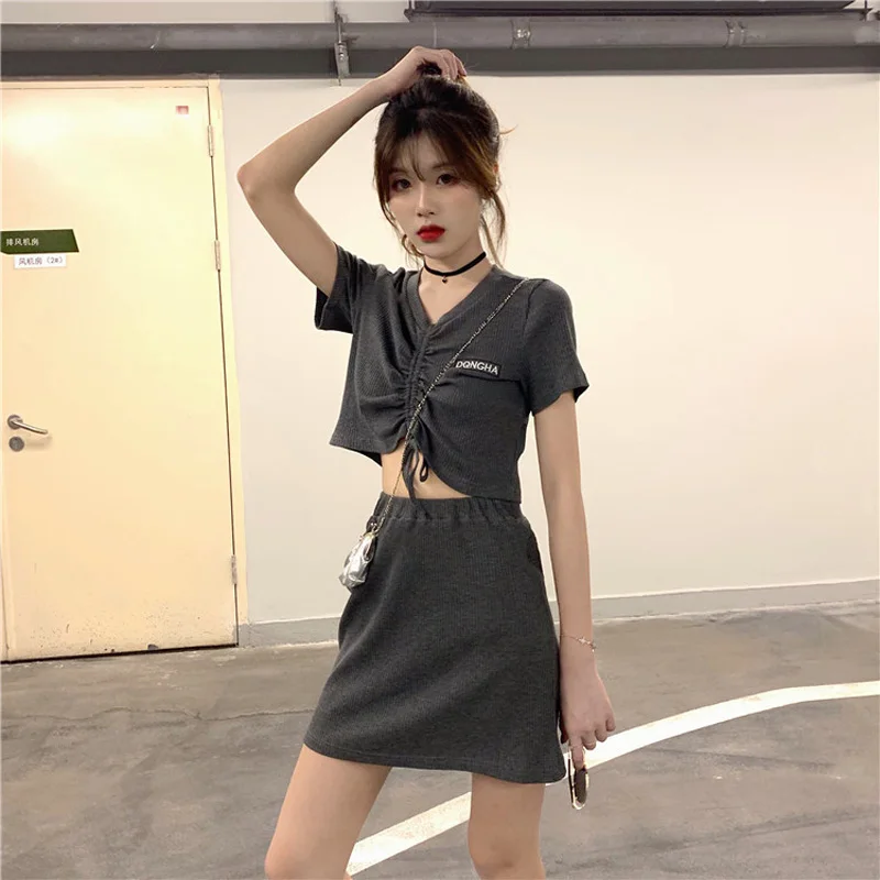 Drawstring Summer Dresses Set KPOP Sexy Tops 2 Piece Set Women Split 2022 Solid Exposed Navel Short Sets New Two Piece Set Skirt