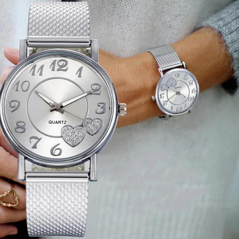 

Женские кварцевые часы с сердцем Love, серебристые наручные часы с циферблатом и сетчатым браслетом, модные повседневные часы
