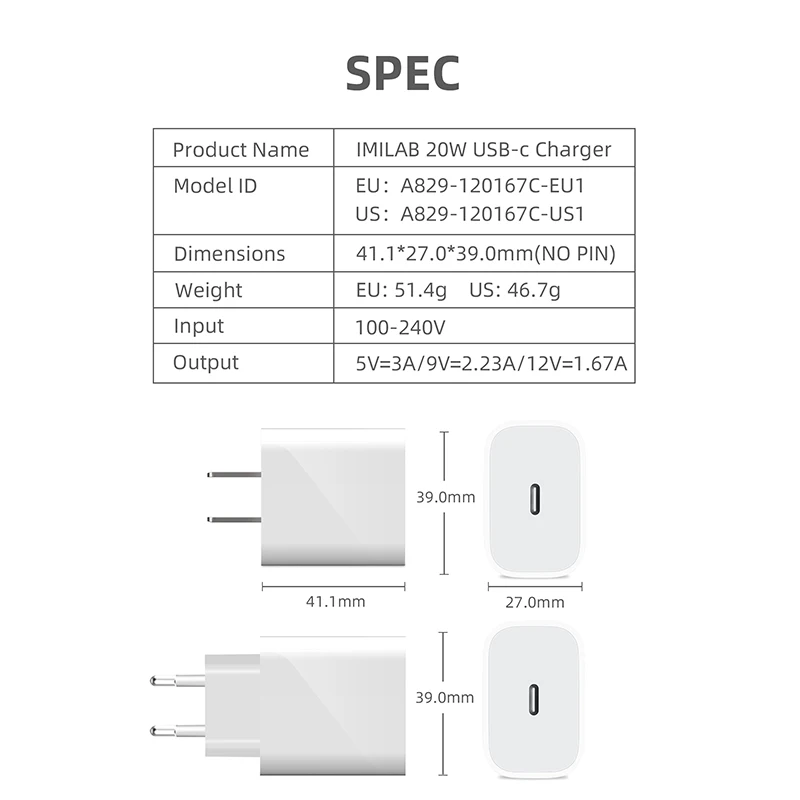 

IMILAB 20W USB-c Cable Charger Mobile Phone Fast Charging Adapter Watch Charger Broad Compatible For Xiaomi Huawei Samsung iPad