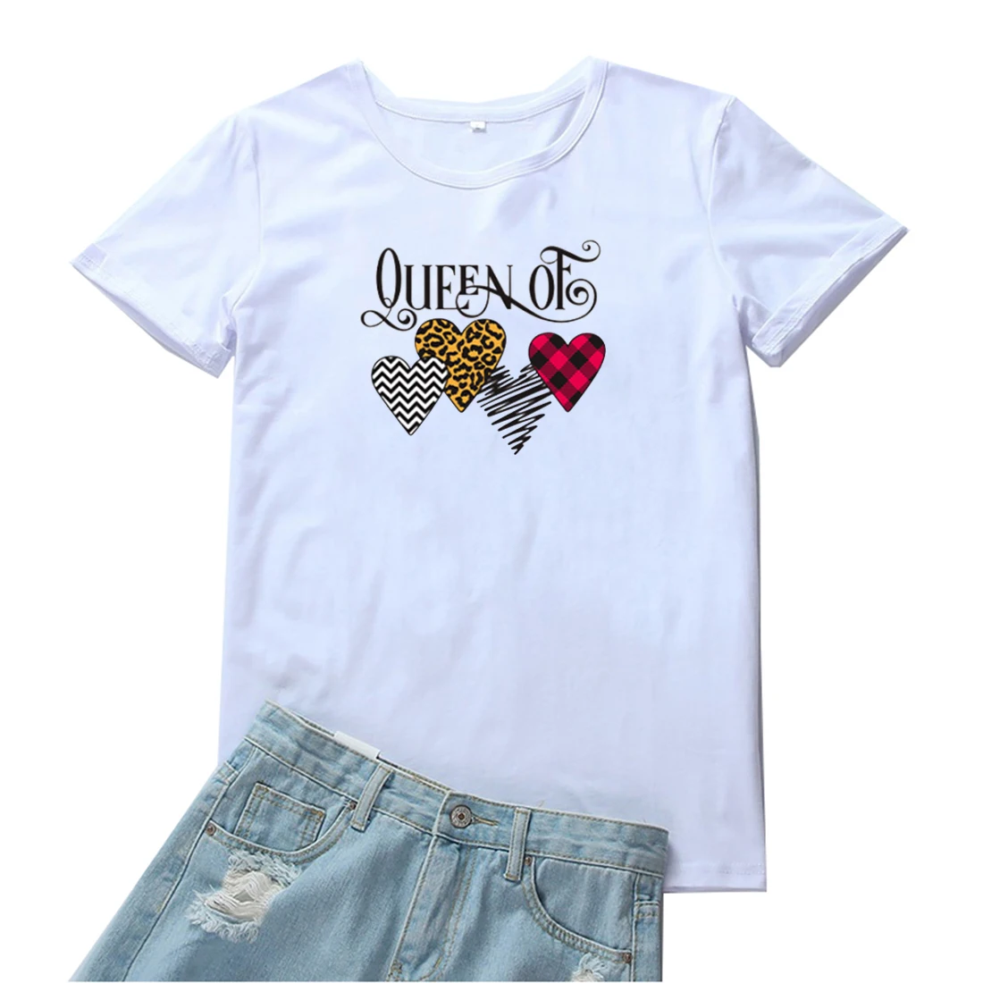 

Queen of Women Tee Heart-shaped Pattern Loose Round Neck Camiseta Mujer Tops Aesthetic Graphic T Shirt Women Harajuku Clothes