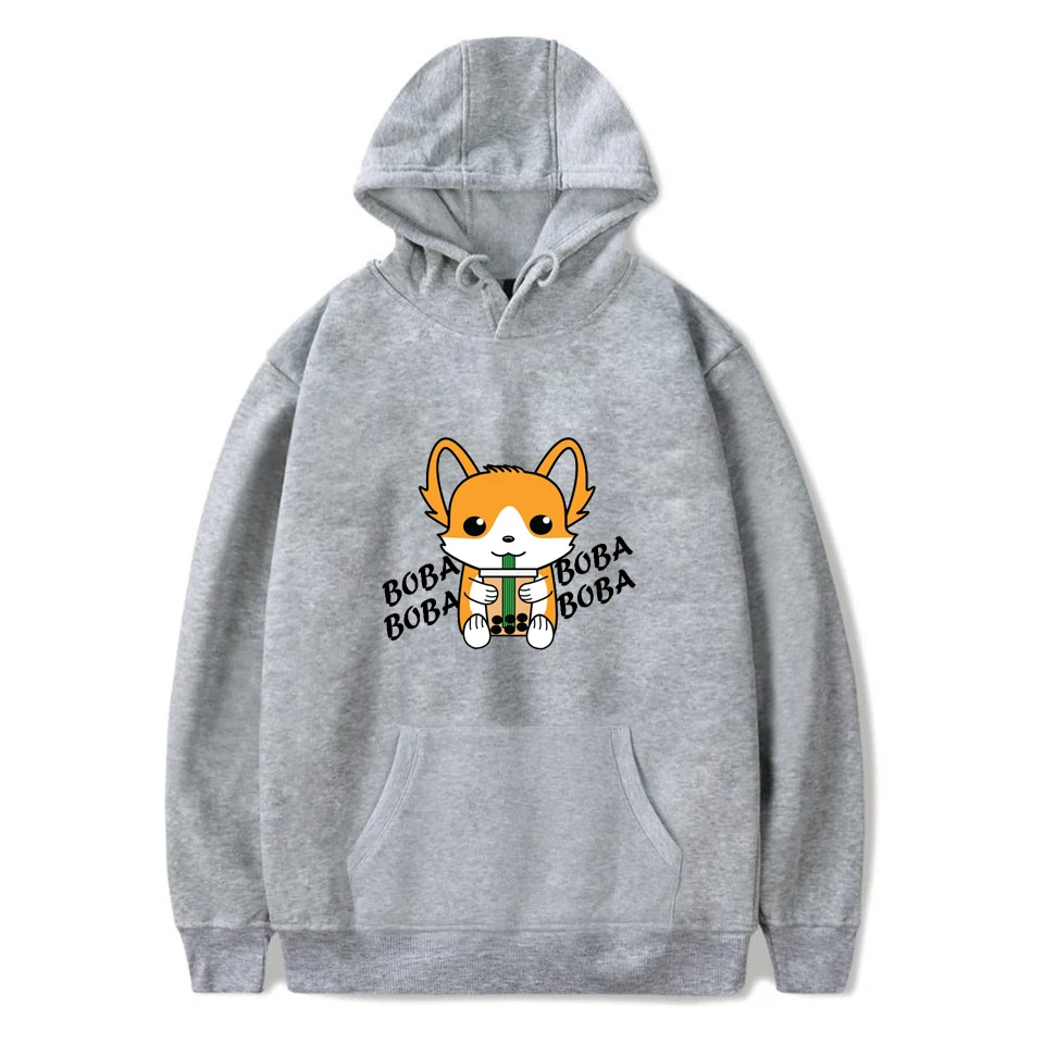 

Funny Bubble Tea Corgi Print Aesthetics Hoodie Harajuku Hooded Sweatshirt Streetwear for Women Men Kids Cute Cartoon Pullover