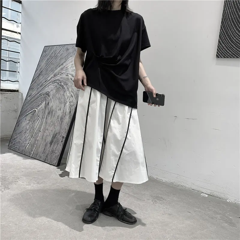 

XITAO Stripes Skirt Fashion New Women High Waist Pleated Minority Elastic Waist 2021 Summer Minority Loose Skirt WMD0079