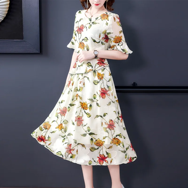 

Chiffon Floral Dress WOMEN'S Dress 2020 New Style Summer High-End Debutante Elegant Middle-aged Mom Lady Skirt