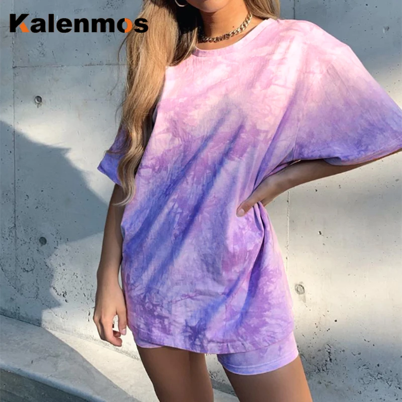 KALENMOS Футболка с принтом в виде галстука-красителя Женский комплект 2 шт. одежда