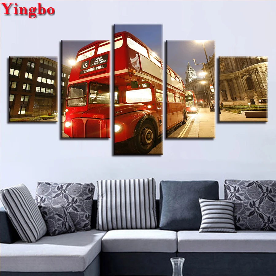 

5D Square round Diamond Embroidery 5 Panel Red Bus City Landscape Diy Diamond Painting cross stitch diamond mosaic Home Decor