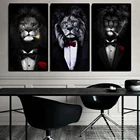 Смешные животные черный белый лев в костюме холст художественные плакаты и принты абстрактные животные холст настенные картины
