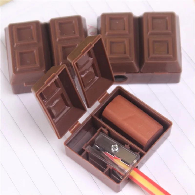 

Creative Chocolate Pencil Sharpener with Eraser for Kids Students Kawaii Plastic Sharpener Stationery Set School Office Supplies