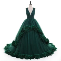 green flare sleeve feather tulle party evening dresses 2021 luxury sexy deep v neck fur formal prom dress gowns robe de soire