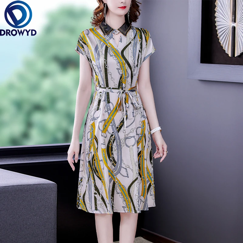 

2021 Casual Lace Print Mulberry Silk Dress Summer Satin Short Sleeve Vintage Midi Dresses Elegant Women Bodycon Party Vestidos
