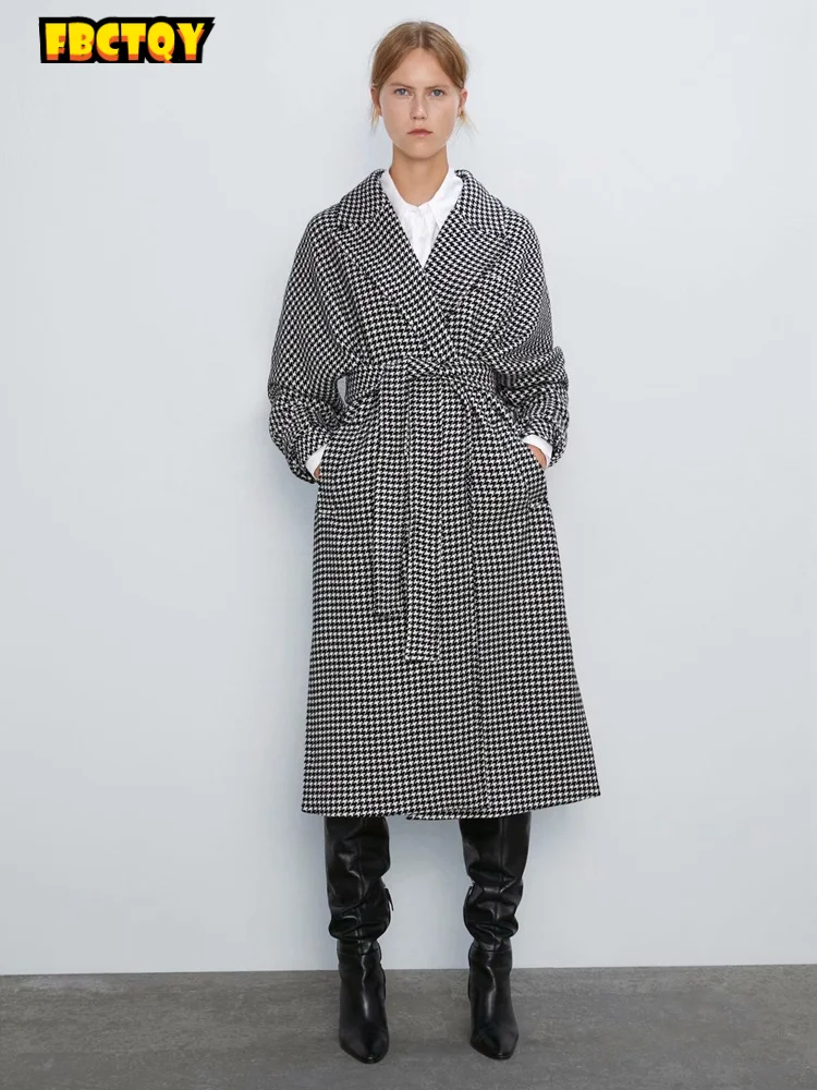 

Za 2020 RA autumn and winter women's wear high waist strap thousand bird lattice leisure long temperament coat women coats