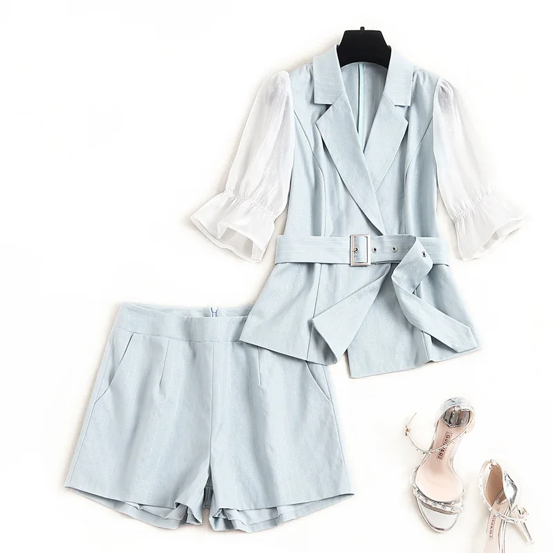 

Summer Casual Female 2 Pieces Set Short Suits Half Sleeve Patchwork Jacket Blazer & Hot Shorts Women Pant Suits 2020