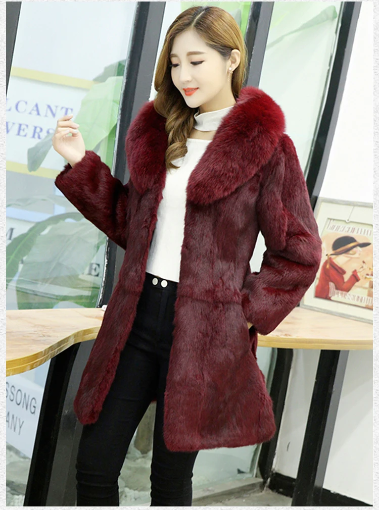 New  Real genuine natural rabbit fur coat with fox fur collar Women's fashion fur jacket outwear custom any size