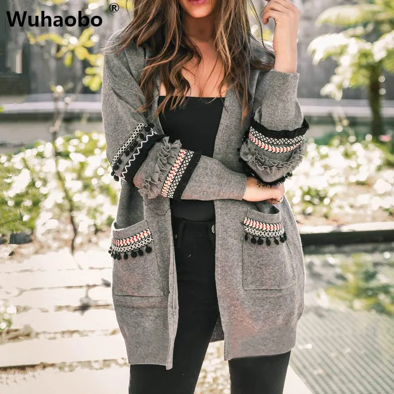 Gray Wuhaobo размера плюс трикотажные длинные кардиганы с кисточками винтажный свитер осенний длинный рукав этническое пальто женский свободный свитер верхняя одежда 3XL - Цвет: Gray