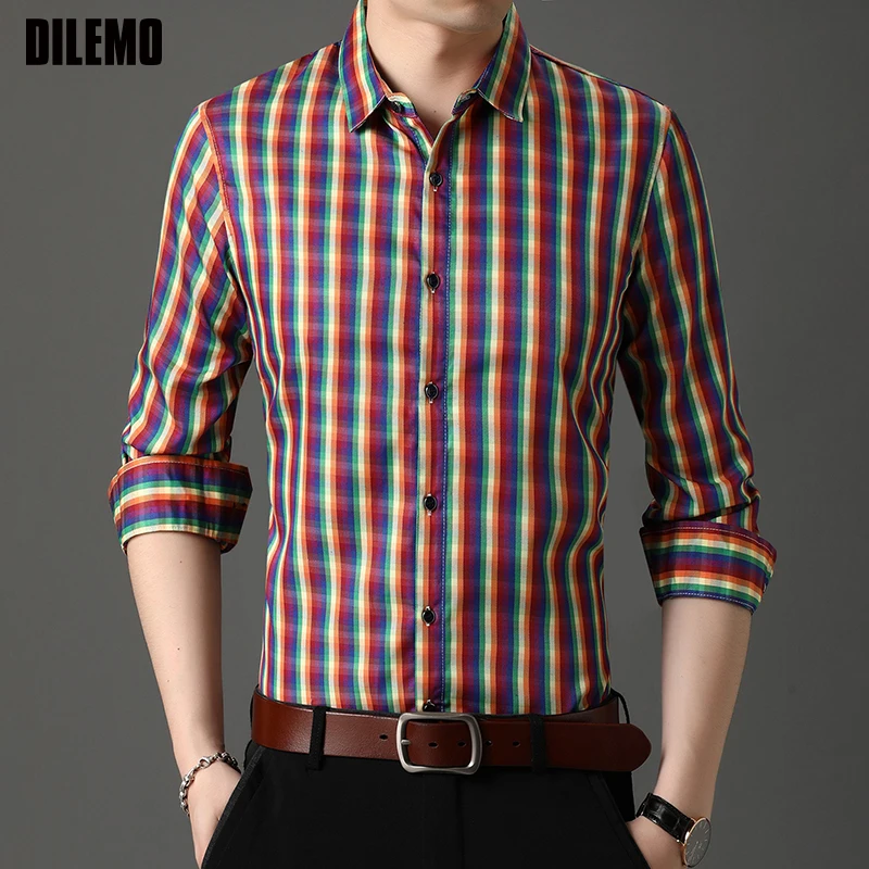 

Top Quality New Fashion Brand Slim Fit Designer Mens Classic Plaid Shirts Long Sleeve Plain Checkered Casual Clothes Men 2021