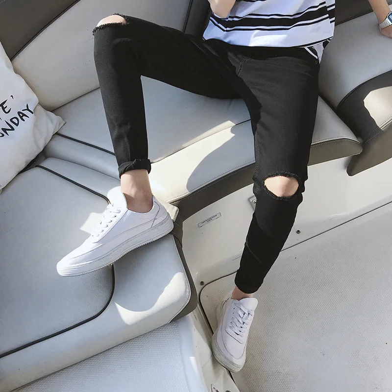 

Fashion Casual Men Skinny Jeans Loose Solid Ankle Length Keen Hole Denim Pants Vintage Pencil Jeans