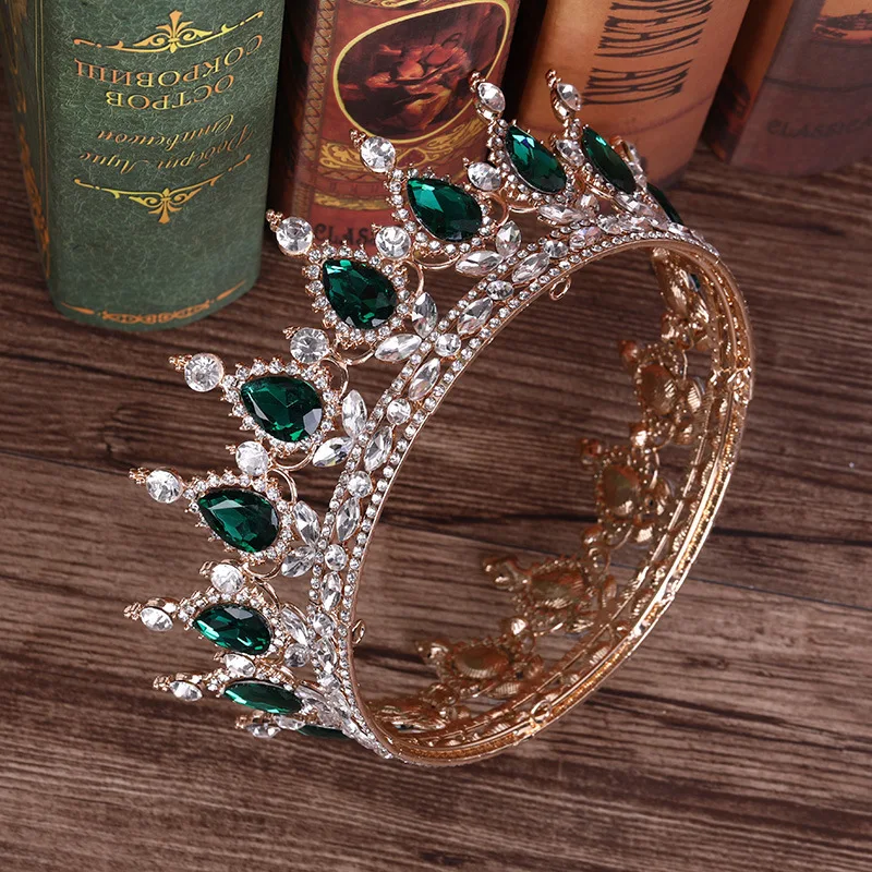 Luxury Round Queen Crowns Shinny Crystal Gold Bridal Tiara With Burgundy Rhinestones New Princess Marrige Accessory SQ0295 - Цвет: green rhinestone