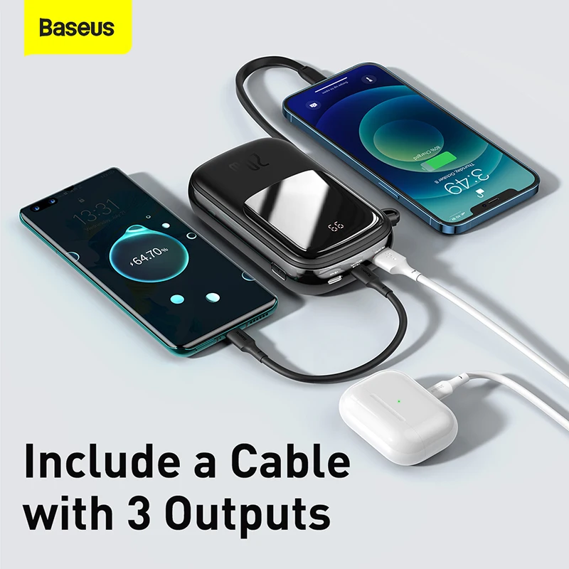 baseus 20w mini power bank 20000 mah built in cables powerbank external battery charger for iphone 12 11 xiaomi samsung huawei free global shipping