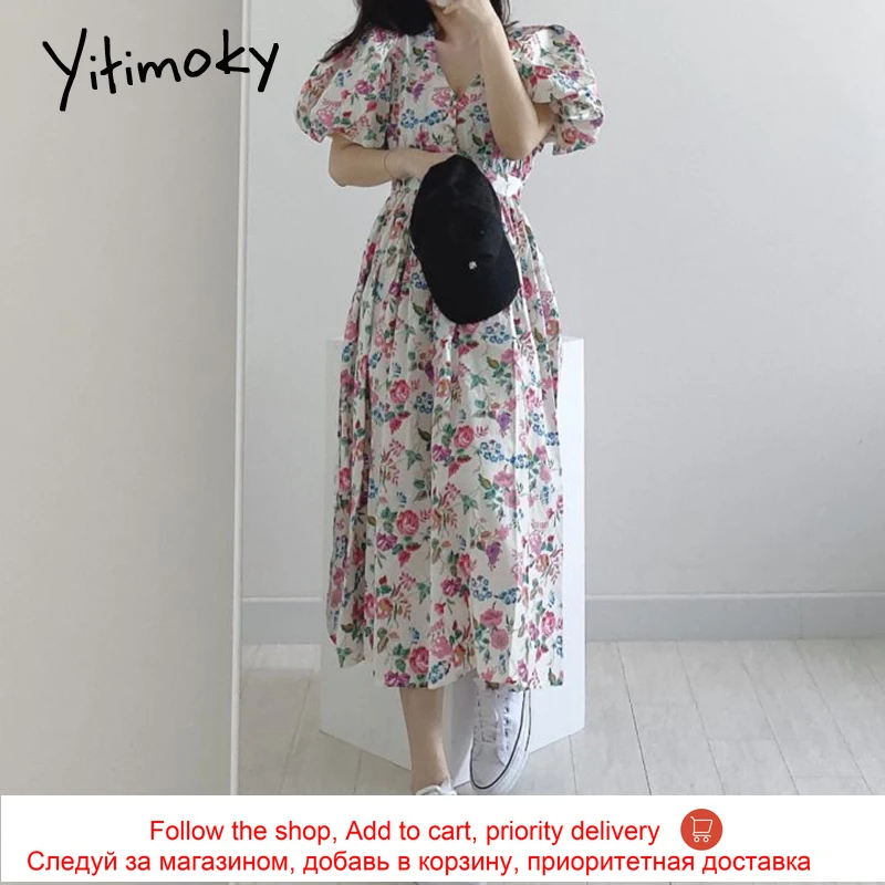 

Yitimoky Vintage Woman Dresses Puff Sleeve 2021 Summer Korean New Deep V Neck Floral Printi Bohemian High Waist Elegant Dress