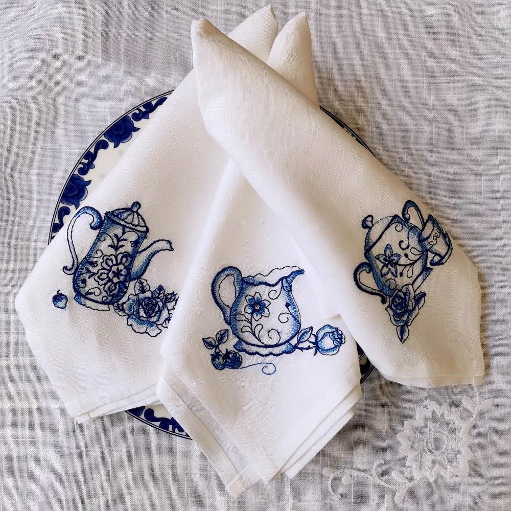 

[Camellia Casa] Blue White Elegant Cute Teapot Kitchen Embroidery High Quality, Pure Linen Napkin, Table Decor Home Airbnb