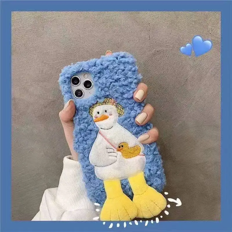 

For OPPO F17 F11 F9 F7 F5 Find X2 Pro Reno ACE 2 A5 A9 A31 A53 2020 A52 A72 A92 A3S A5S A93 Blue Duck Cute Plush Warm Phone Case