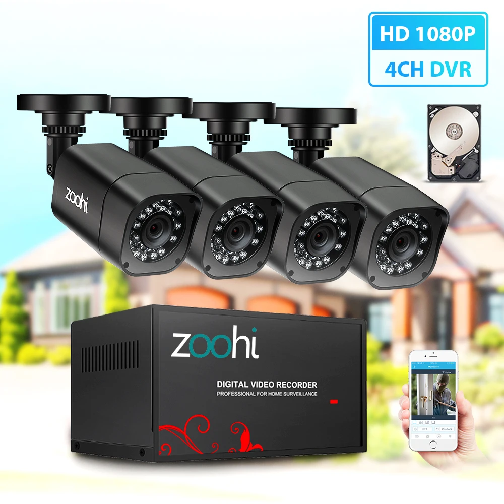 Zoohi AHD DVR комплект система видеонаблюдения 4CH 720 P/1080 P AHD наружная Водонепроницаемая цилиндрическая камера P2P комплект видеонаблюдения система безопасности