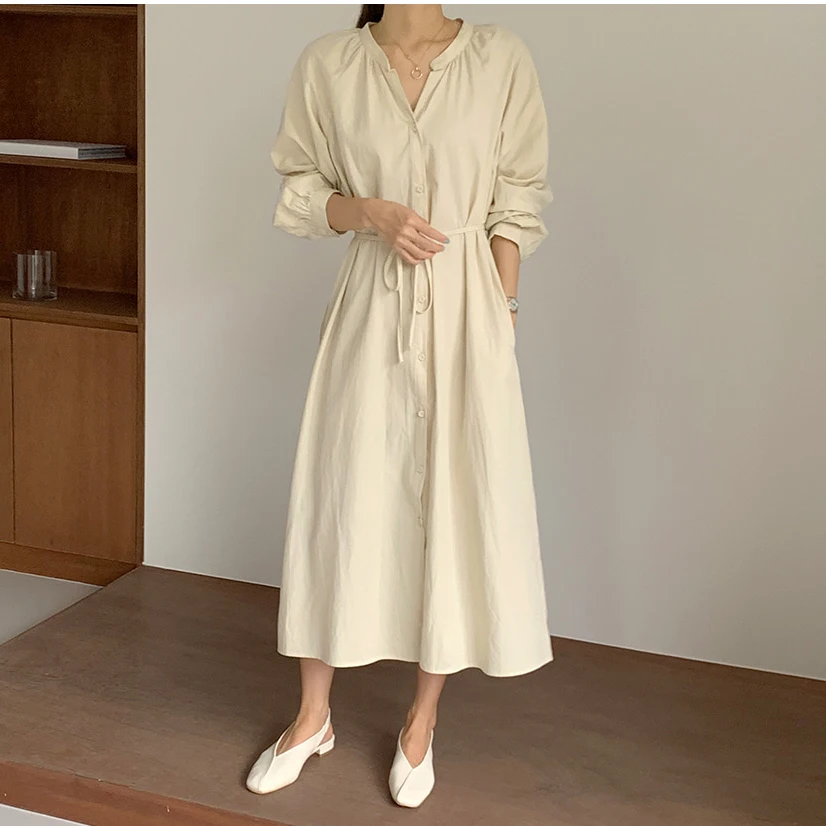 

Casual Dress For Women Spring Autumn V-Neck Lantern Sleeve Bandage Solid Color Lady's Loose Midi Shirt Dress