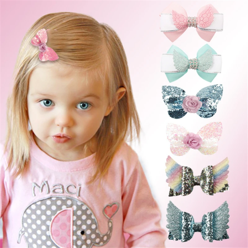 

Новые банты для волос с блестками в виде крыльев Ангела 10 шт./лот с зажимами для девочек красивые красочные украшения для волос для принцесс ...