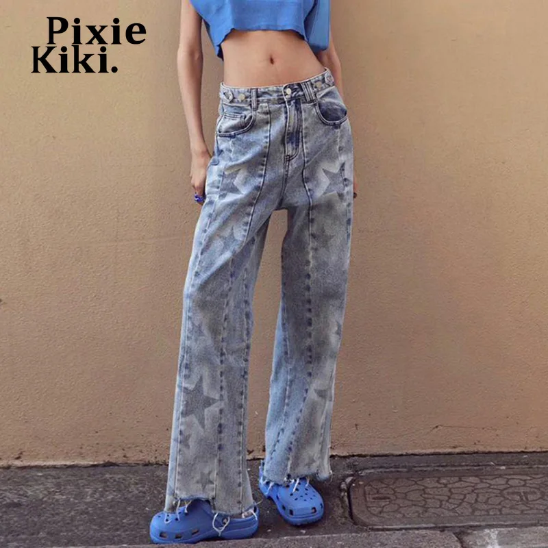 

Женские мешковатые джинсы PixieKiki Y2k, винтажные джинсовые брюки с низкой талией и принтом звезд, прямые брюки, женская одежда