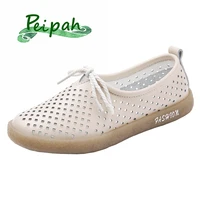 peipah new genuine leather hollow out women ballet flats mothers soft bottom slip on shallow shoes woman solid casual shoes