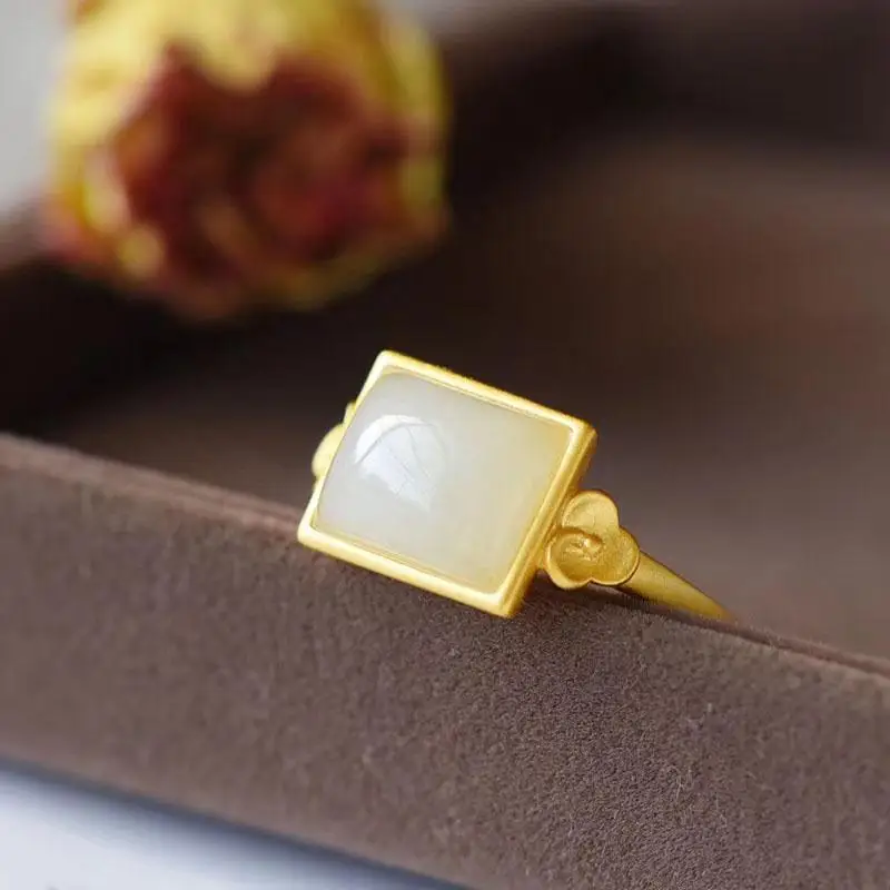 

New S925 Sterling Silver Inlaid Natural Hetian White Jade Jasper Square Ring Ancient Gold Craft Simple Fashion