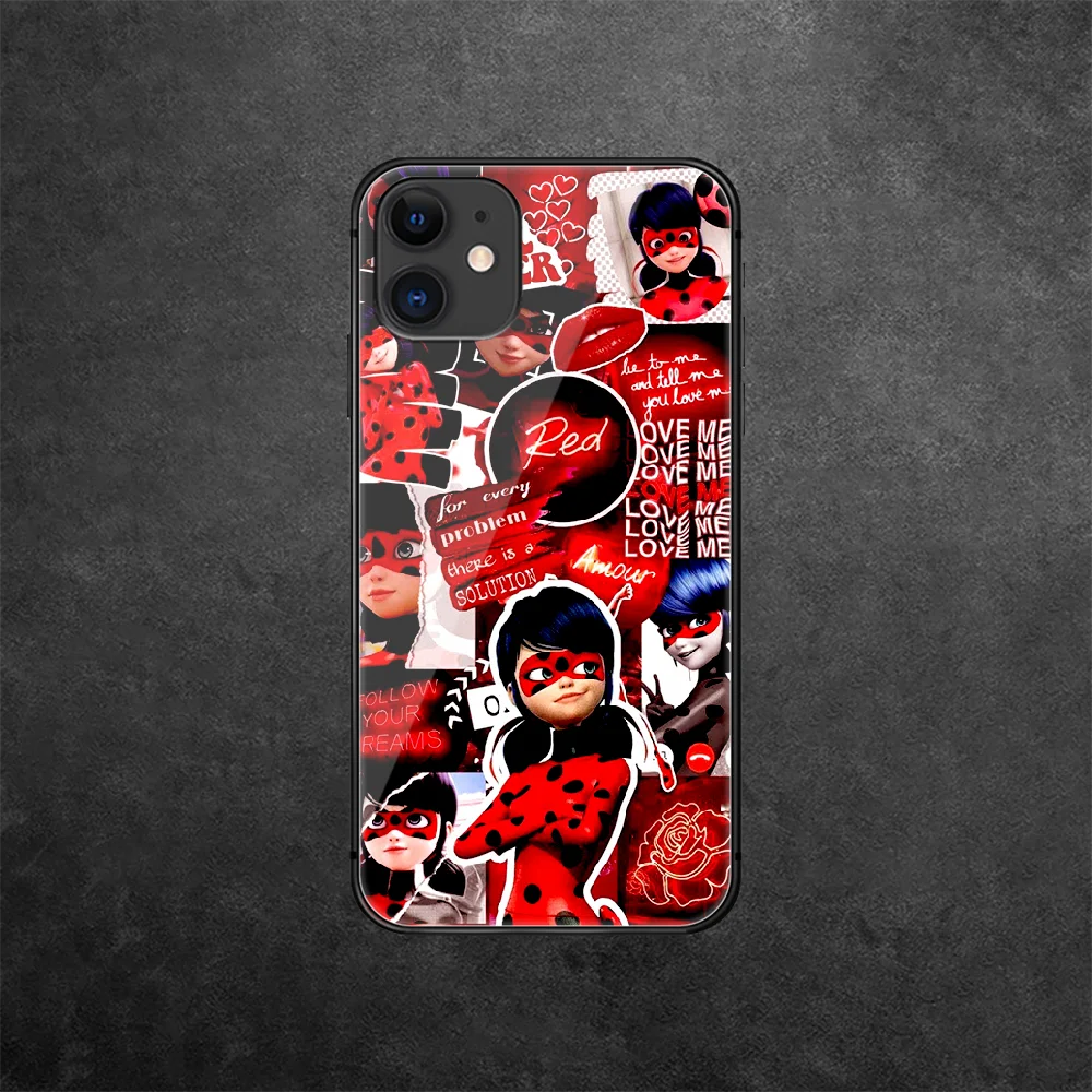 

Ladybugs Cartoon Girl Tempered Glass Phone Case Cover For IPhone 5 5S 6 6S 7 Plus X Xs Xr Se 2020 11 12 Pro Max Mini Black Funda