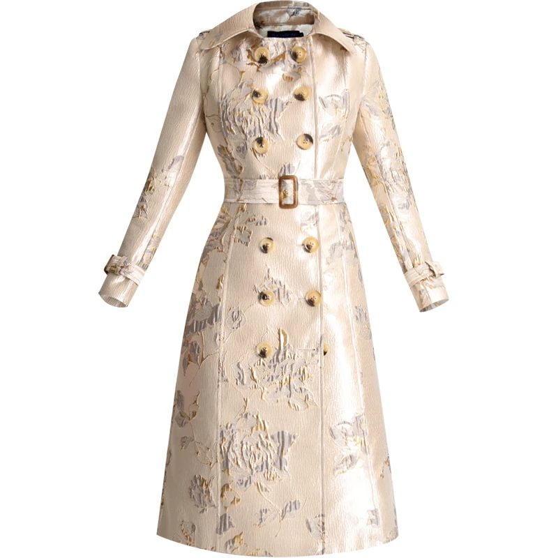 

Royal Elegant Women Trench Coat with Belt Turn Down Collar Double Breasted Mid-long Women Windbreaker 2021 New Ladies Coat