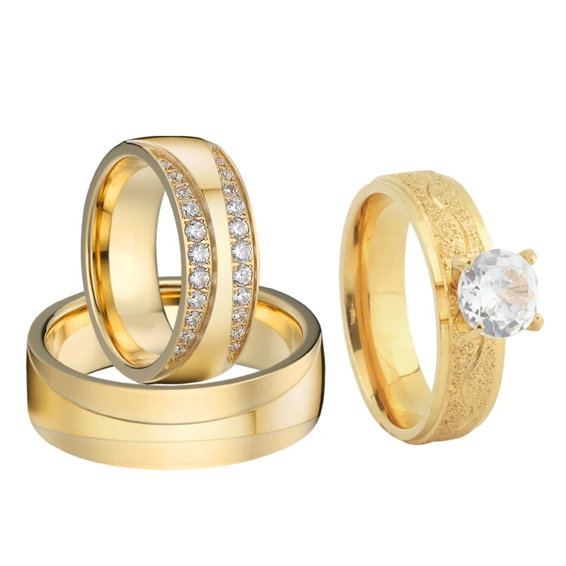 

Lover's 3pcs Promise Engagement Wedding Rings set for Men and Women Gold Color Marriage Anniversary Bridal Couple Ring