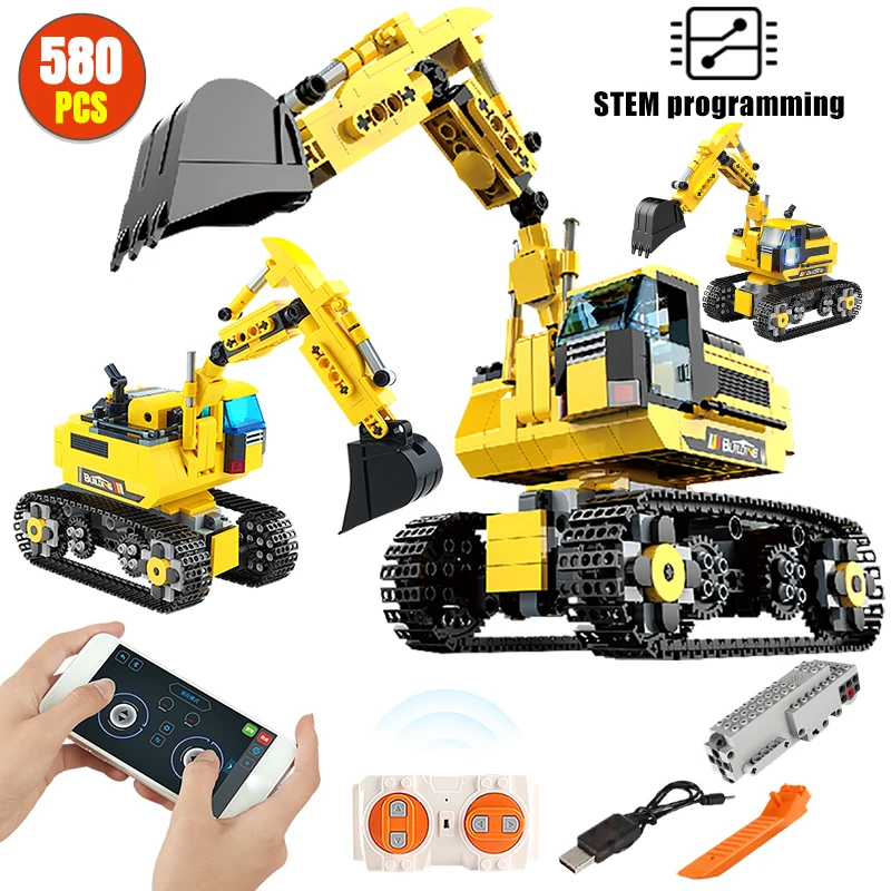 

City APP Remote Control RC Engineering Car Building Blocks Bricks Excavator Forklift Vehicle Toys For Children Model
