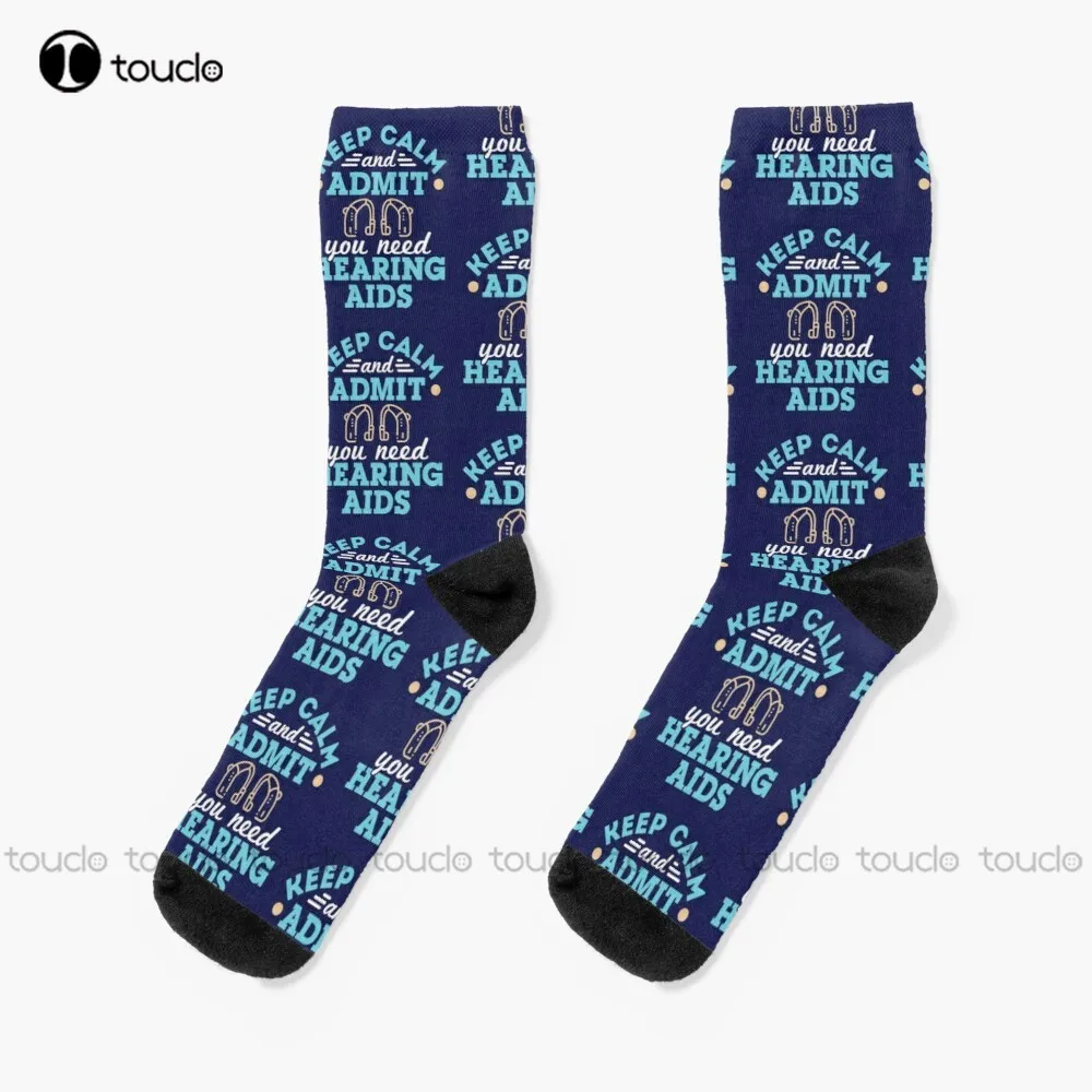 

Audiologist Audiology Funny Keep Calm And Admit You Need Hearing Aids Socks Long Black Socks 360° Digital Printing Funny Sock