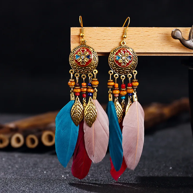 

Ethnic Style Feather Earrings Jewelry For Women Charm Bohemia Vintage Dangle Drop Earrings Female Charm Gift Enamel Metal