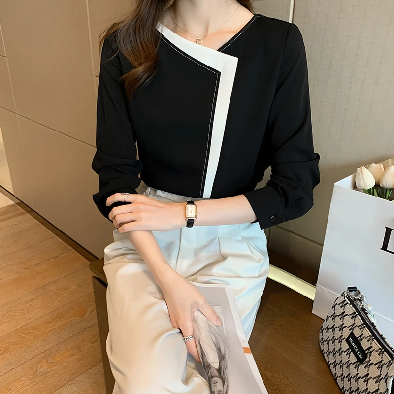 

Chiffon Loose Women's Shirts New Fashion Blouses Splicing V-neck Shirts Summer Casual Long Sleeve Blusas Houthion