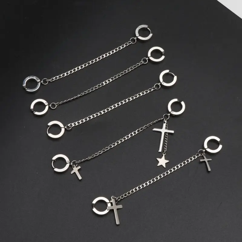 

1Pc Hip Hop Double Pierced Hoop Huggie Dangle Chain Drop Earring Studs Ear Cuffs