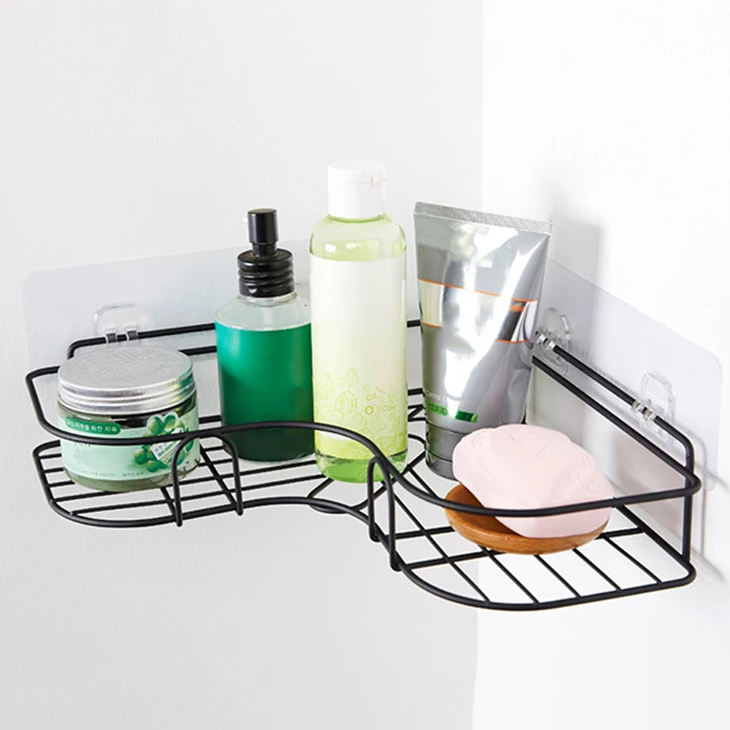 

1pc Wall Mount No Drilling Iron Bathroom Shelf Shampoo Place Holder With Suction Cup And Hook Up For Shower Room Storage Tool