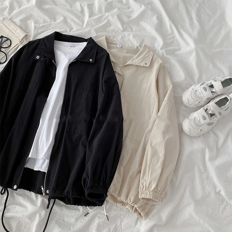 

Куртка Женская Базовая с отложным воротником, свободная верхняя одежда на молнии, винтажная в стиле Харадзюку бойфренд, с длинным рукавом, в стиле оверсайз, весна-осень