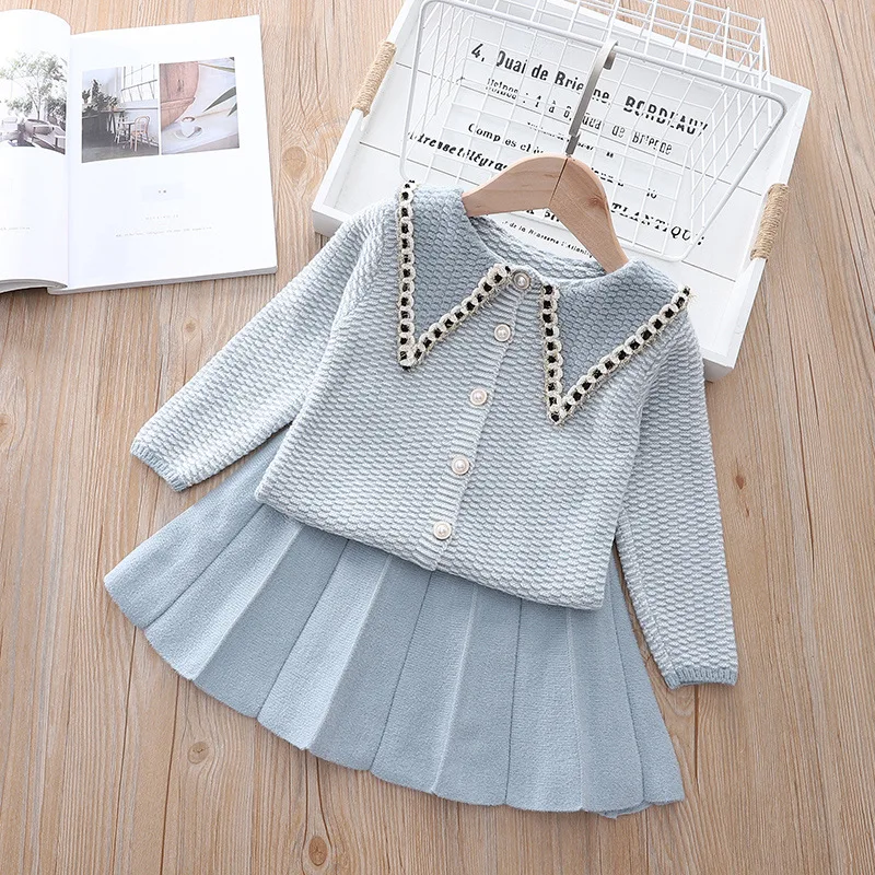 

Baby Girl Winter Clothes Set Fall Girls Knitted Cardigan Sweater With Pleated Skirt 2 Piece Children Fashion Casual Costume 2-6Y