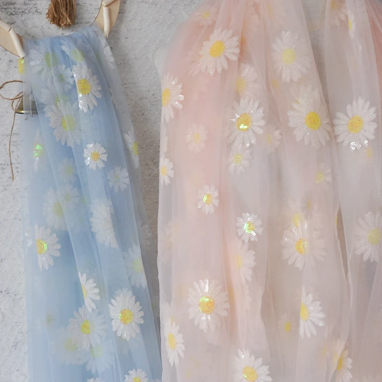 Сетчатая блестящая Цветочная вышивка маргаритки мягкая кружевная ткань