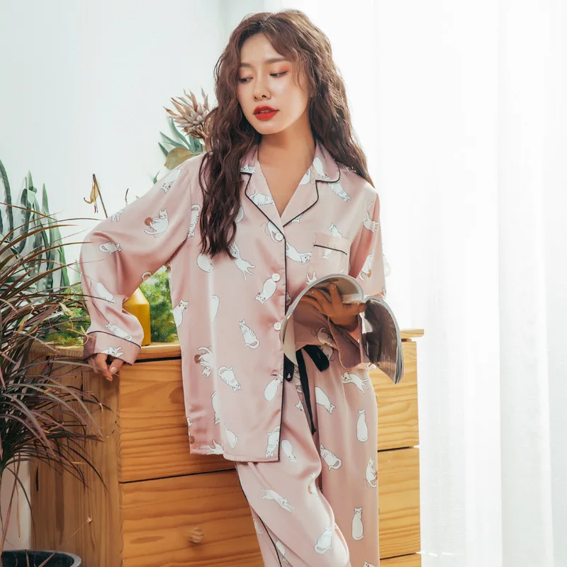 

Autumn 2PCS Shirt &Pant Pajamas Sets Sexy Print Animal Turn-down Collar Pyjamas Sleep Suit Sleepwear New Home Lingerie Nightwear