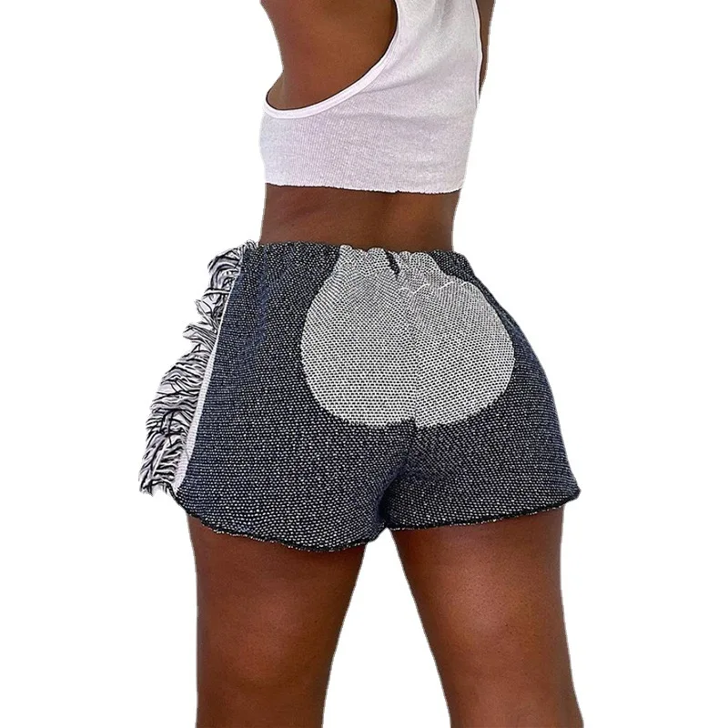 

Sporty Vintage Print Shorts Women Summer Indie Folk Style Unique Side Tassel Patchwork Cargo Pants Hot Hipster Female Clothing