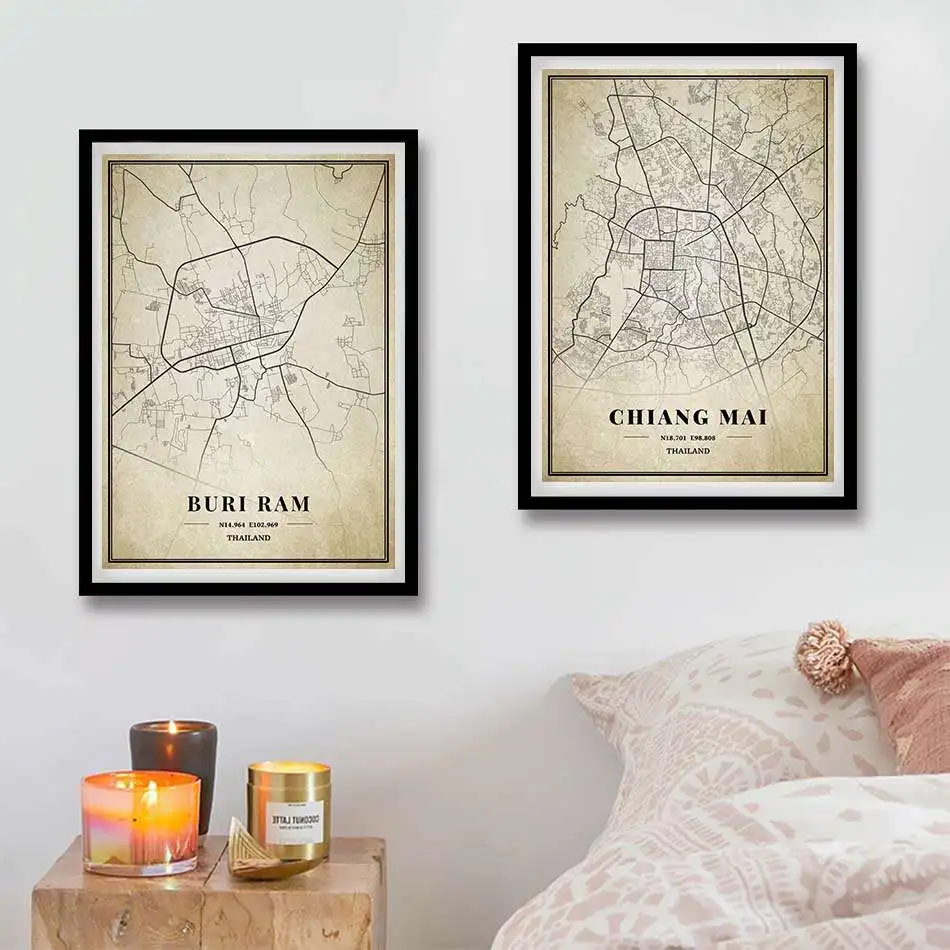 Thailand Bangkok Phuket Chiang Mai Pattaya Chumphon Ratchaburi Vintage City Map Canvas Painting Kraft Poster Coated Home Decor | Дом и сад