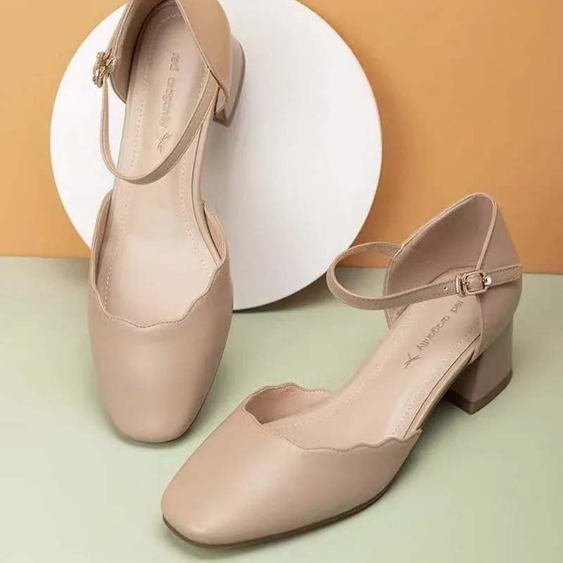 

2021 Fashion High Heels,Women's Shoes,Block Heel,Square Toe Pumps,Ankle Buckle Strap,Shallow Out,BEIGE,APRICOT,Dropshipping
